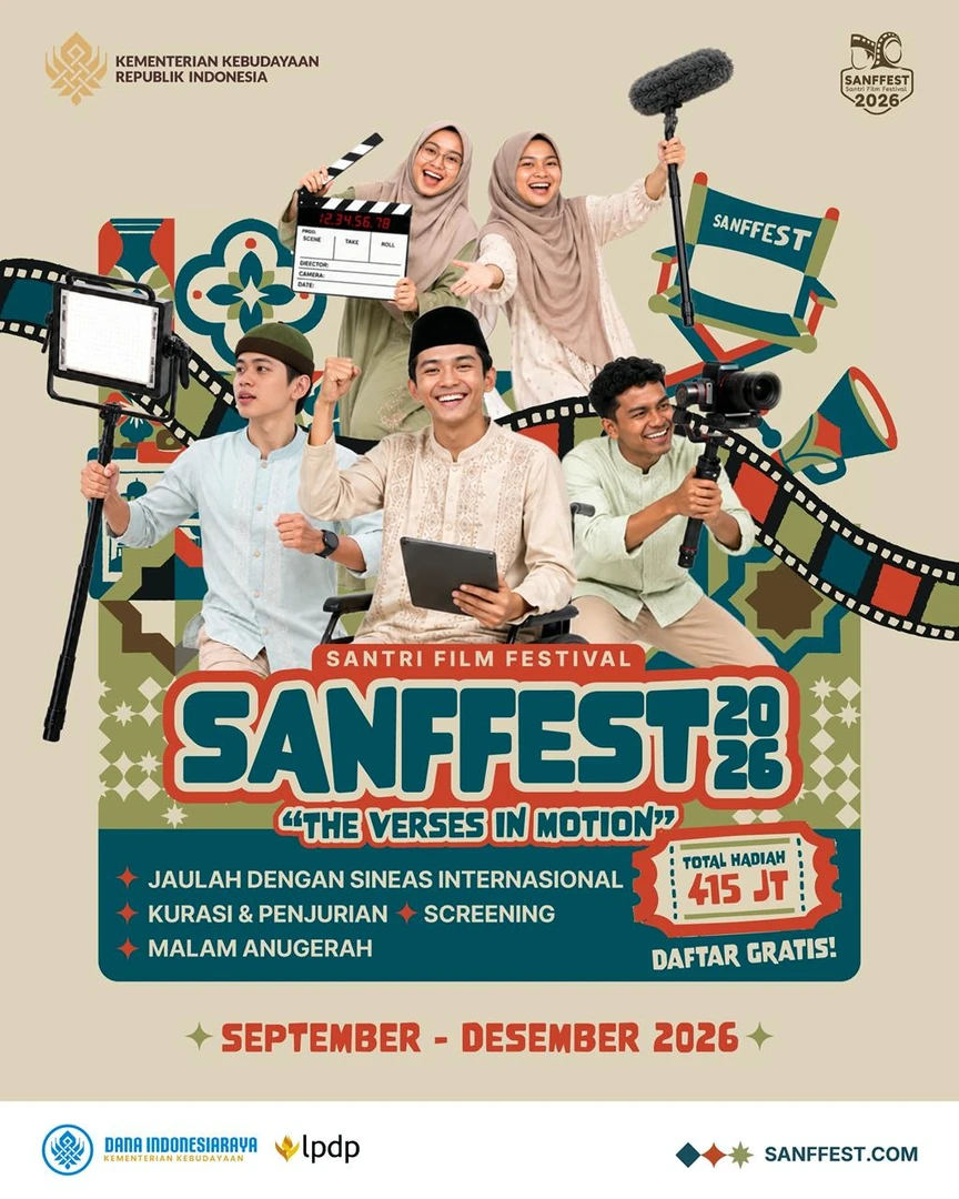 Poster SANFFEST 2026: kolase santri berkarya di bidang sinema. Total hadiah 415 juta rupiah; daftar gratis.